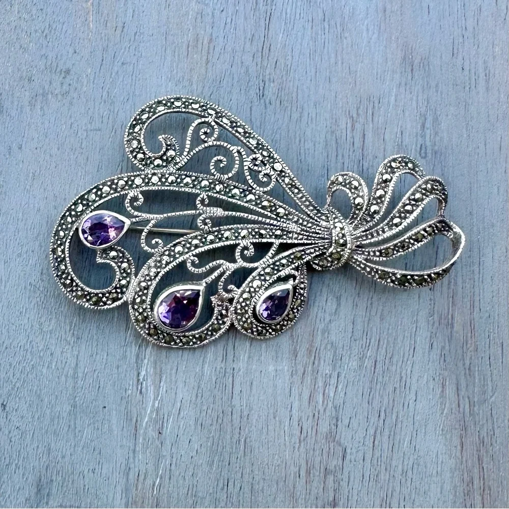 Vintage Sterling Silver & Amethyst Brooch - Picture 1 of 12